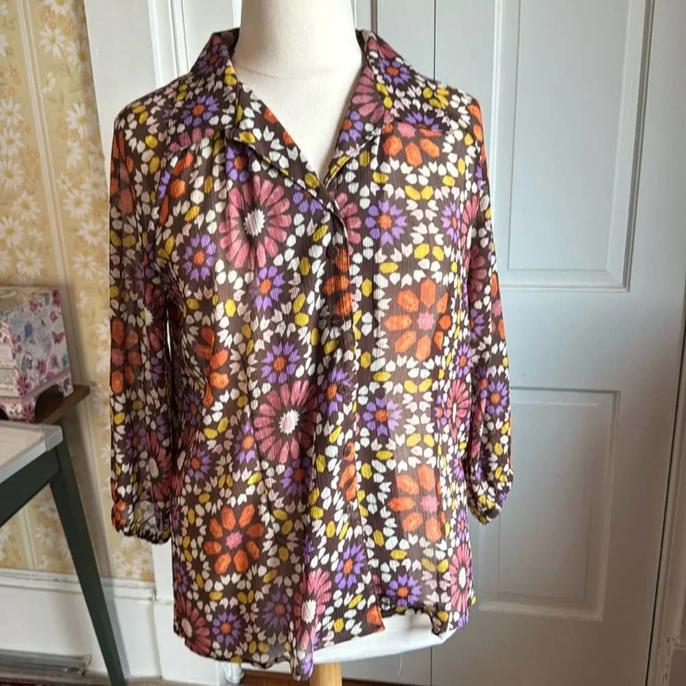 🤩 Vintage Linea Del Ollio semi sheer Retro print Blouse with matching Belt 🤩